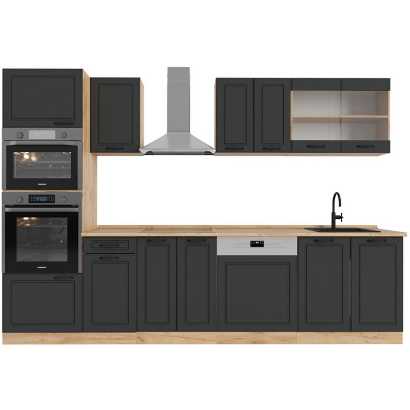 foto del prodotto cucina componibile r line, antracite casa di campagna rovere dorato, 300 cm con armadio alto, senza piano di lavoro, vicco