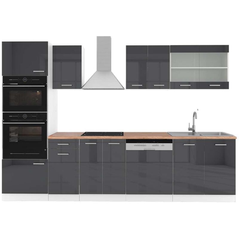 foto del prodotto cucina componibile r line, antracite lucido bianco, 300 cm con armadio alto, pl rovere vicco