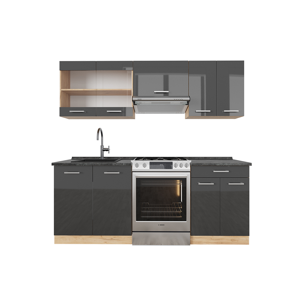 foto del prodotto cucina componibile r line, antracite lucido oro power oak, 200 cm , pl antracite vicco