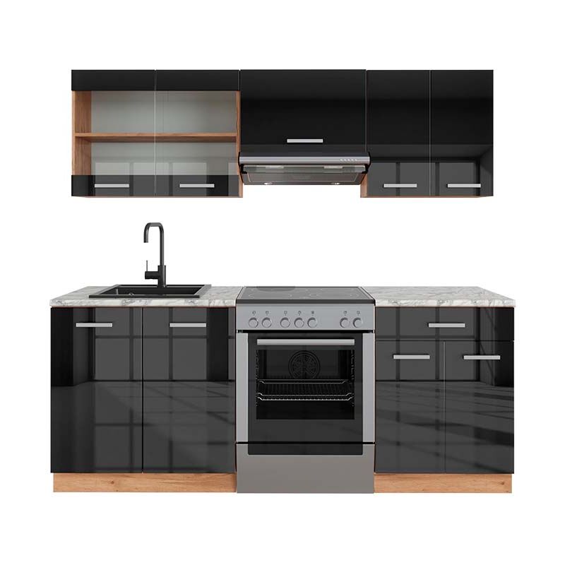 foto del prodotto cucina componibile r line, antracite lucido oro power oak, 200 cm , pl marmo, vicco