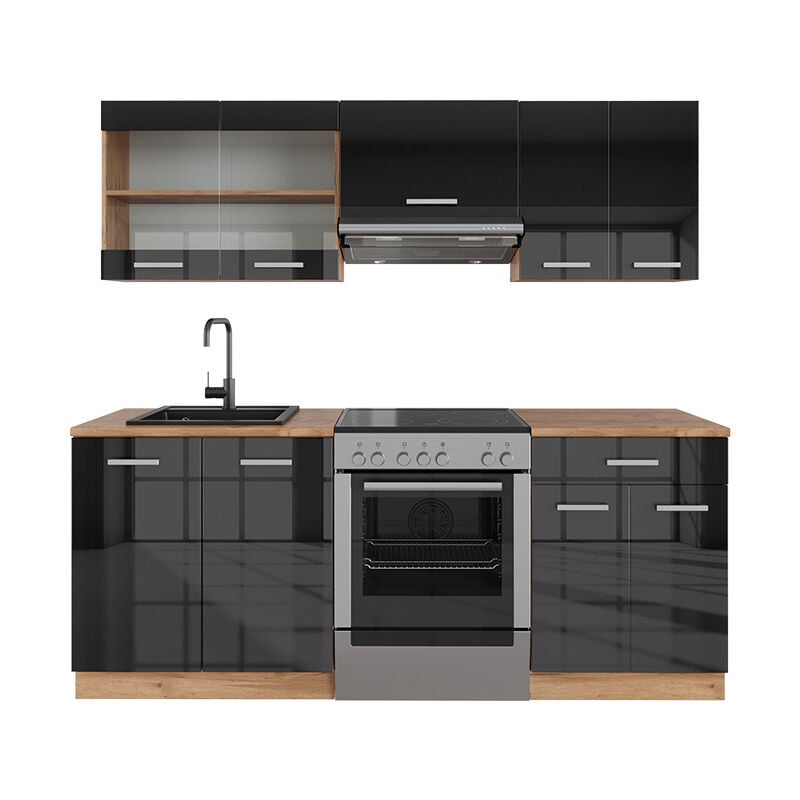 foto del prodotto cucina componibile r line, antracite lucido oro power oak, 200 cm , pl rovere vicco