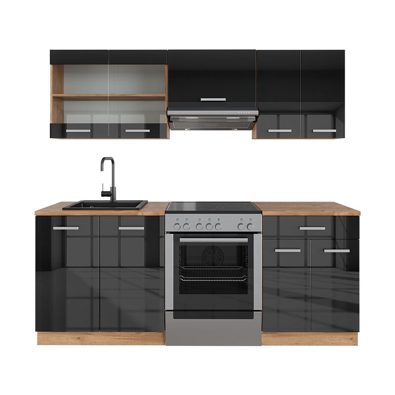 foto del prodotto cucina componibile r line, antracite lucido oro power oak, 200 cm senza piano di lavoro vicco