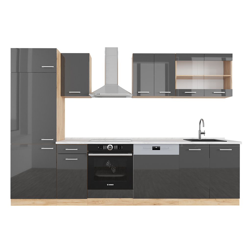 foto del prodotto cucina componibile r line, antracite lucido oro power oak, 300 cm , pl marmo, vicco