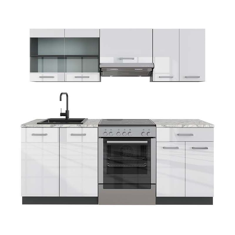 foto del prodotto cucina componibile r line, bianco lucido antracite, 200 cm , pl marmo vicco