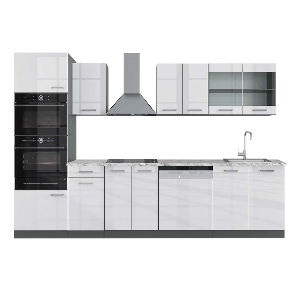 foto del prodotto cucina componibile r line, bianco lucido antracite, 300 cm con armadio alto, pl marmo vicco