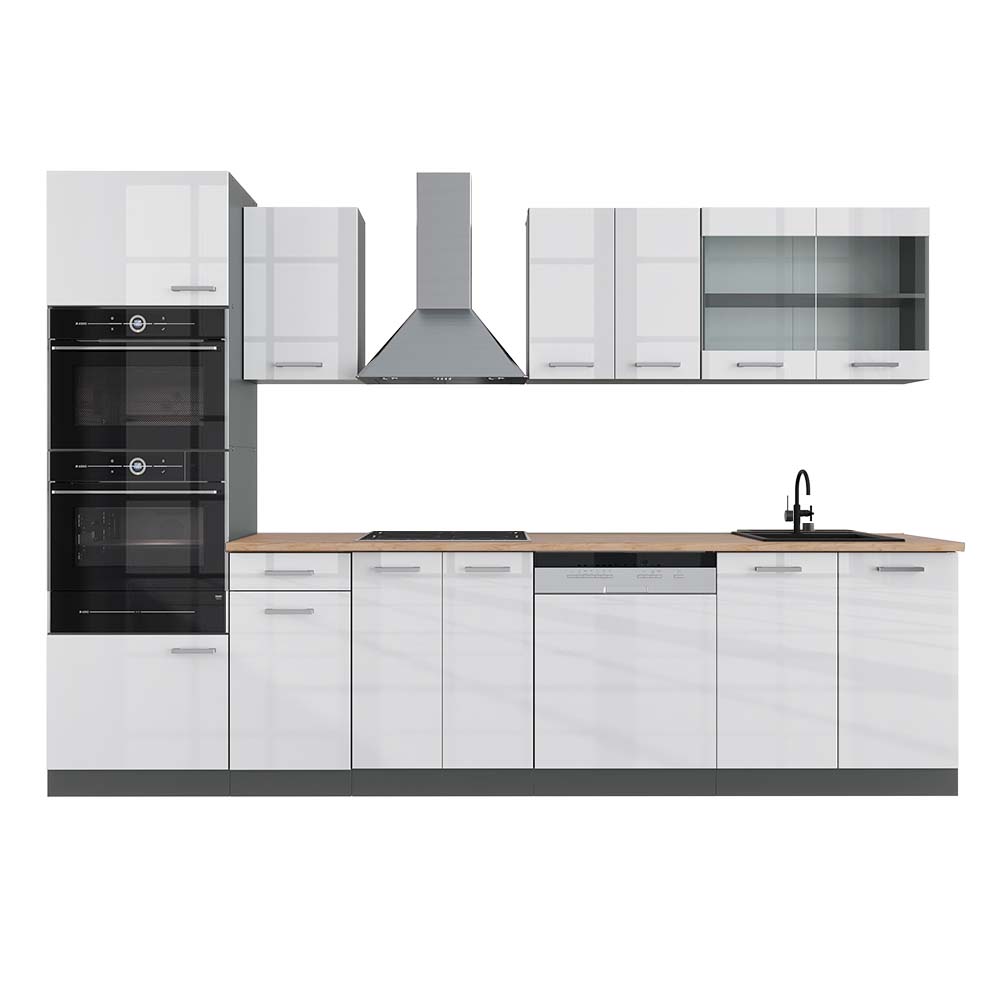 foto del prodotto cucina componibile r line, bianco lucido antracite, 300 cm con armadio alto, pl rovere vicco