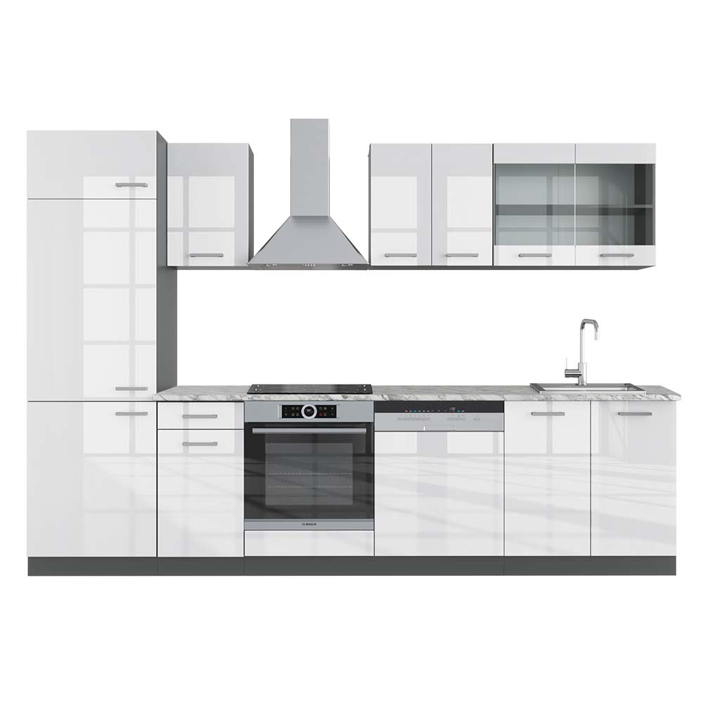 foto del prodotto cucina componibile r line, bianco lucido antracite, 300 cm , pl marmo vicco