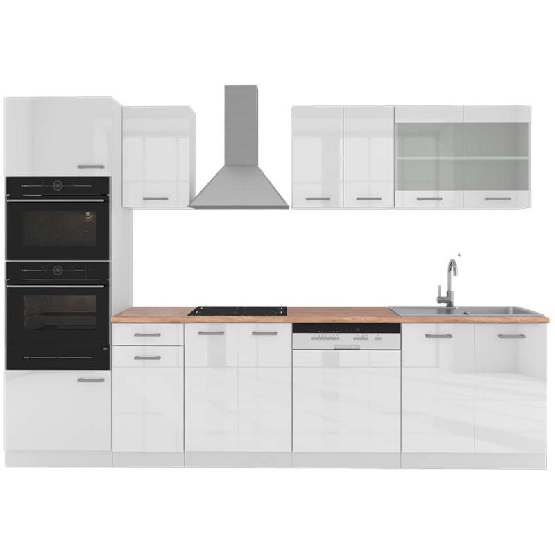 foto del prodotto cucina componibile r line, bianco lucido bianco, 300 cm con armadio alto, pl rovere, vicco