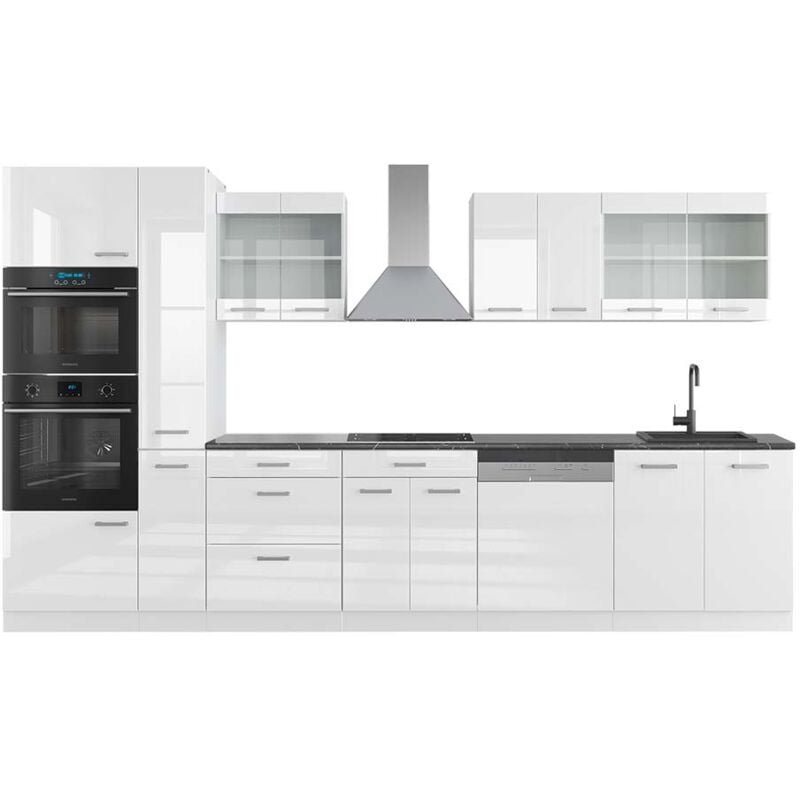 foto del prodotto cucina componibile r line, bianco lucido bianco, 350 cm con armadio alto, pl antracite, vicco