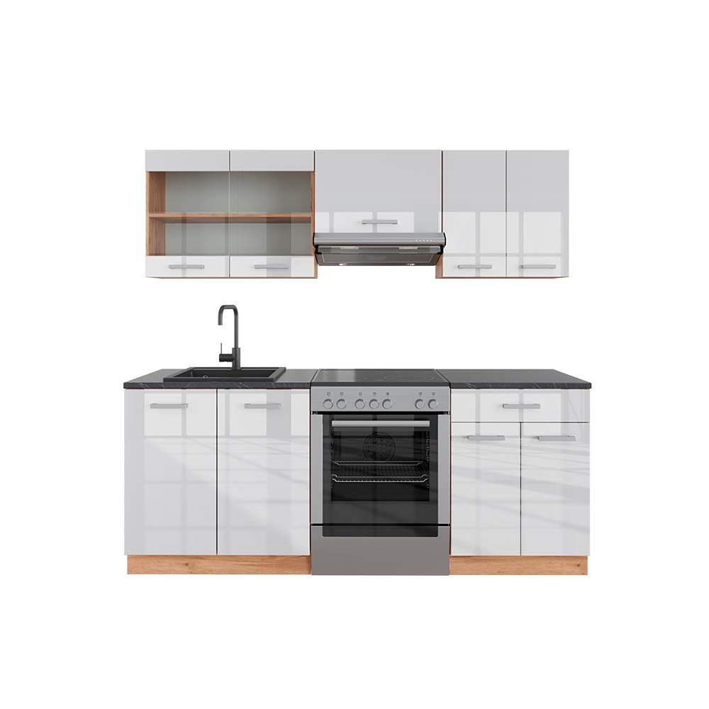 foto del prodotto cucina componibile r line, bianco lucido oro power oak, 200 cm , pl antracite vicco