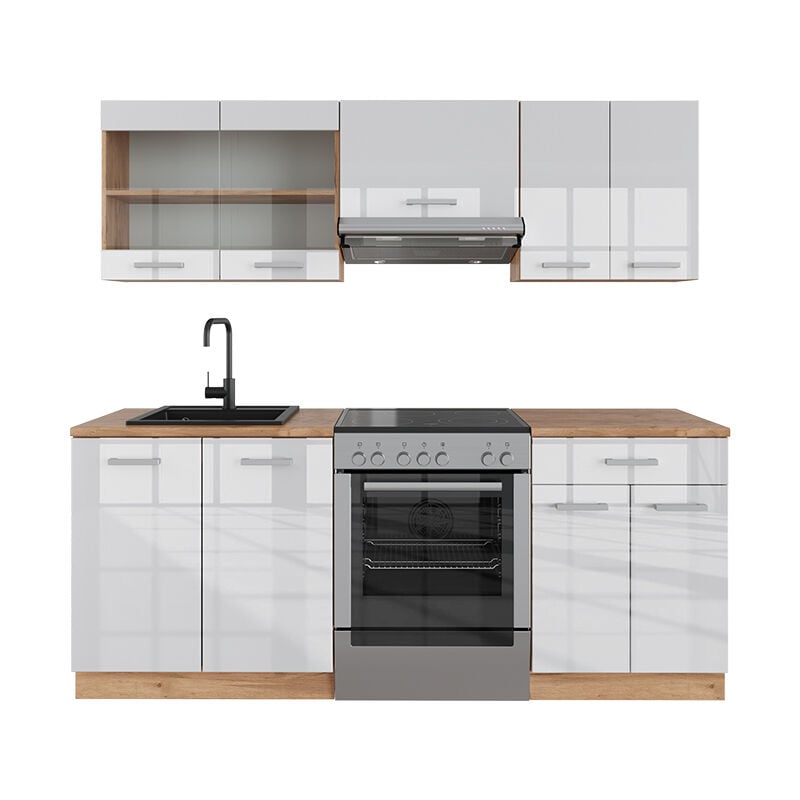 foto del prodotto cucina componibile r line, bianco lucido oro power oak, 200 cm senza piano di lavoro vicco