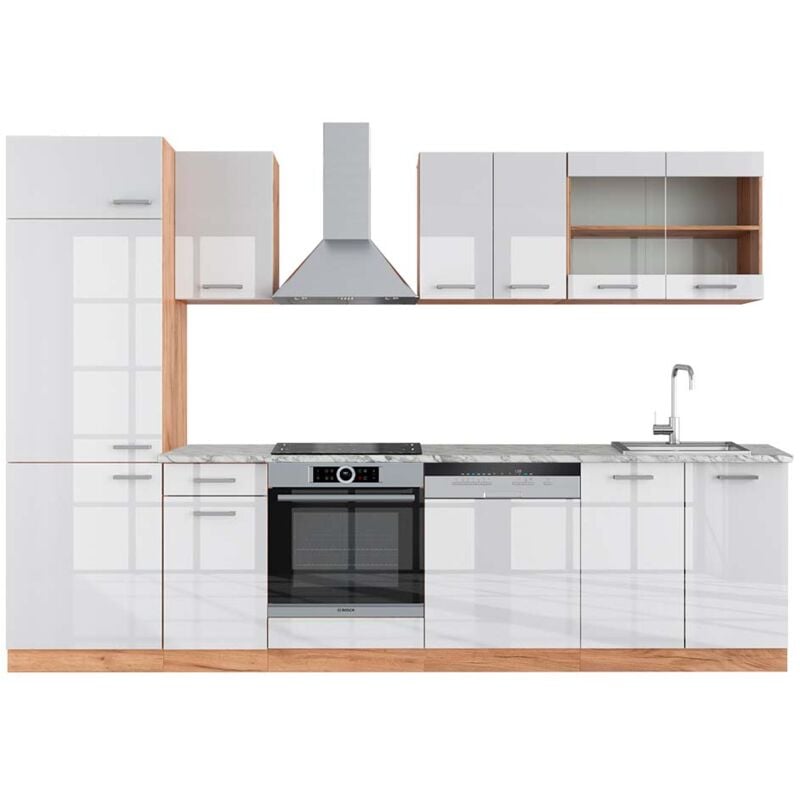 foto del prodotto cucina componibile r line, bianco lucido oro power oak, 300 cm , pl marmo vicco