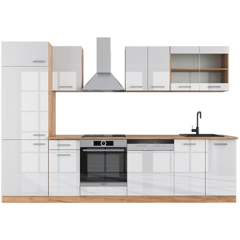 foto del prodotto cucina componibile r line, bianco lucido oro power oak, 300 cm senza piano di lavoro vicco