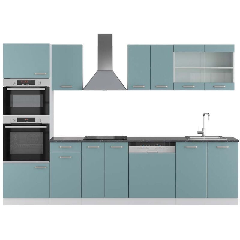 foto del prodotto cucina componibile r line, blu grigio bianco, 300 cm con armadio alto, pl antracite vicco