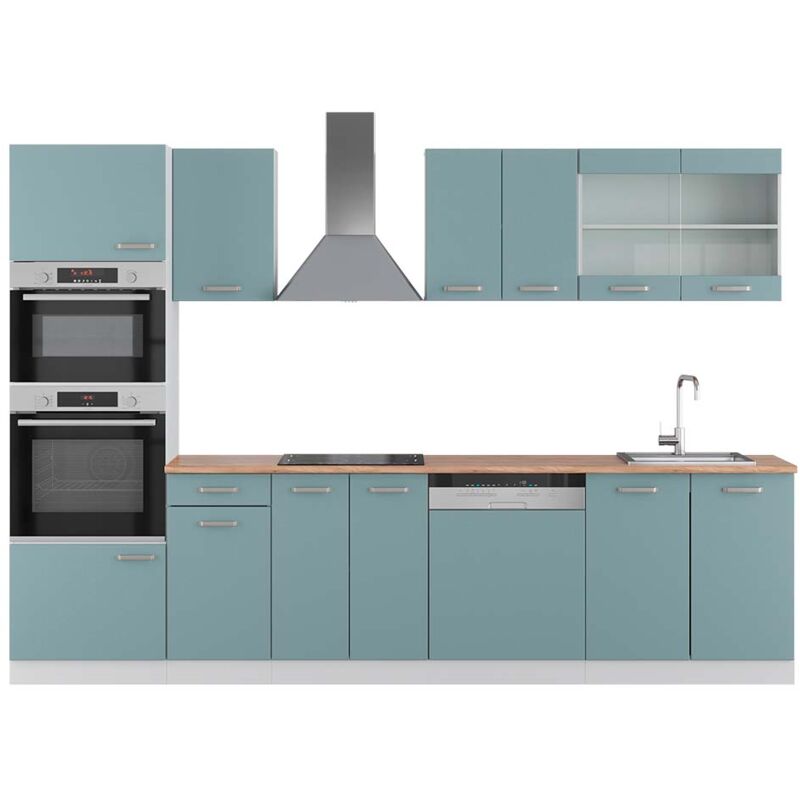 foto del prodotto cucina componibile r line, blu grigio bianco, 300 cm con armadio alto, pl rovere vicco