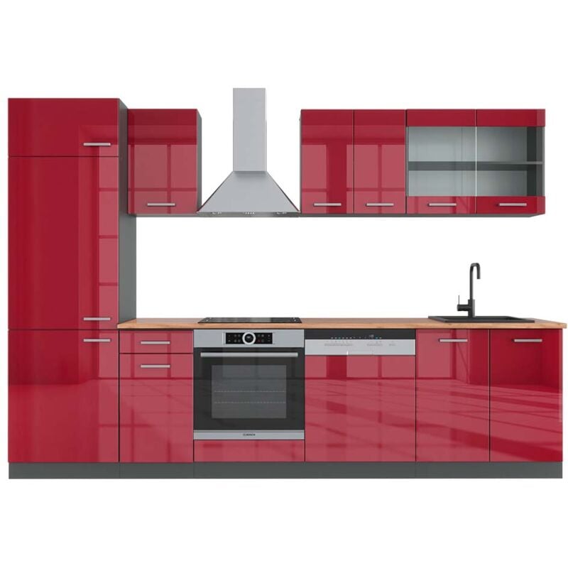 foto del prodotto cucina componibile r line, bordeaux lucido antracite, 300 cm , pl rovere vicco