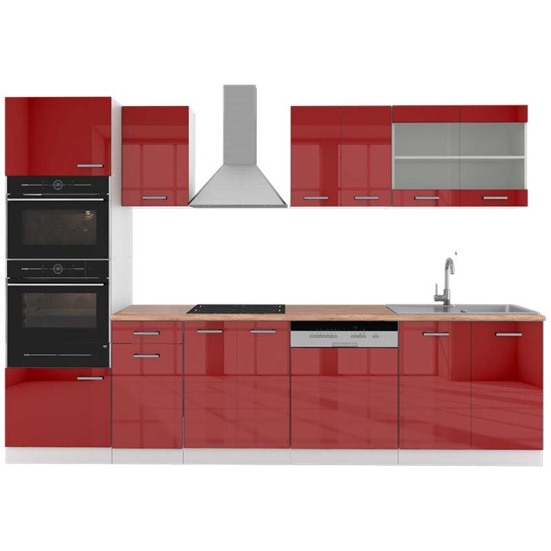 foto del prodotto cucina componibile r line, bordeaux lucido bianco, 300 cm con armadio alto, pl rovere vicco
