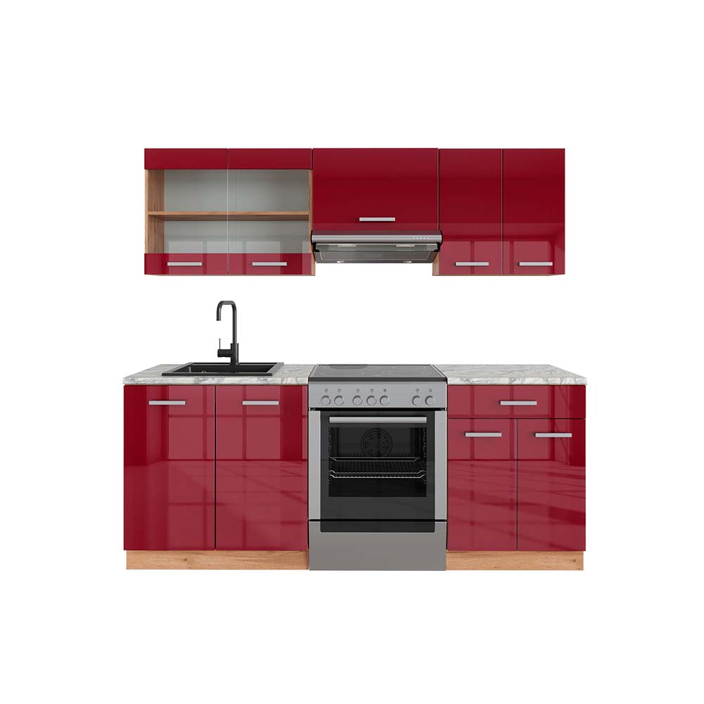 foto del prodotto cucina componibile r line, bordeaux lucido rovere dorato, 200 cm , pl marmo, vicco