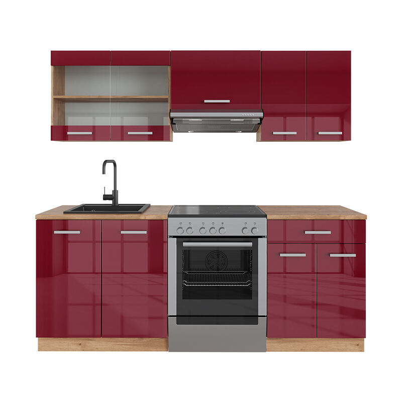 foto del prodotto cucina componibile r line, bordeaux lucido rovere dorato, 200 cm , pl rovere vicco