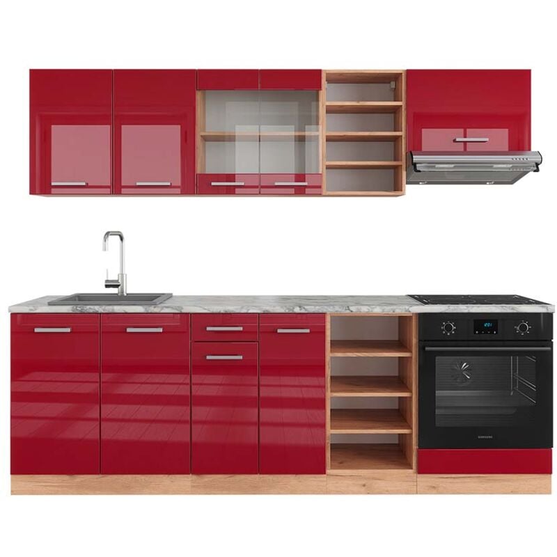foto del prodotto cucina componibile r line, bordeaux lucido rovere dorato, 240 cm , pl marmo vicco