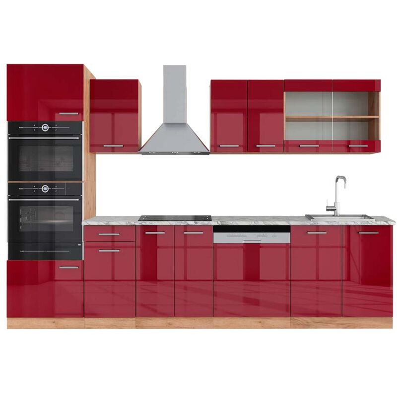 foto del prodotto cucina componibile r line, bordeaux lucido rovere dorato, 300 cm con armadio alto, pl marmo, vicco