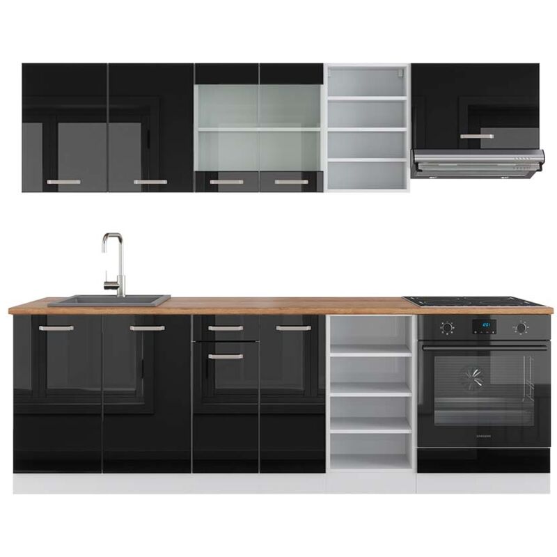 foto del prodotto cucina componibile r line, nero lucido bianco, 240 cm , pl rovere vicco