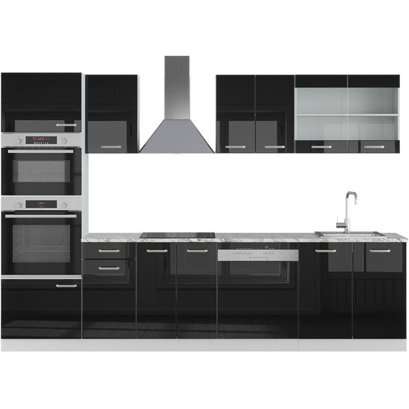 foto del prodotto cucina componibile r line, nero lucido bianco, 300 cm con armadio alto, senza piano di lavoro vicco