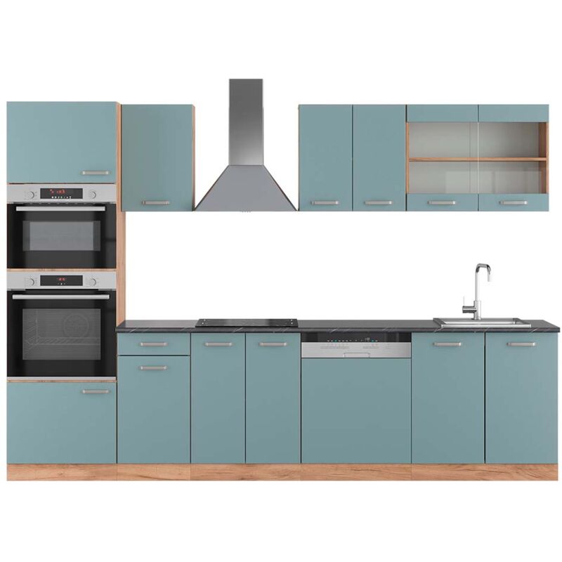 foto del prodotto cucina componibile r line, rovere blu grigio oro, 300 cm con armadio alto, pl antracite vicco