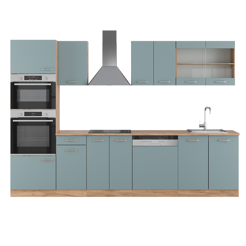 foto del prodotto cucina componibile r line, rovere blu grigio oro, 300 cm con armadio alto, pl rovere, vicco