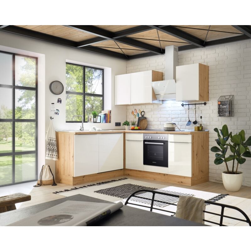 foto del prodotto cucina cucinino cucina ad angolo marleen premium 220 cm bianco artigianale rovere respecta