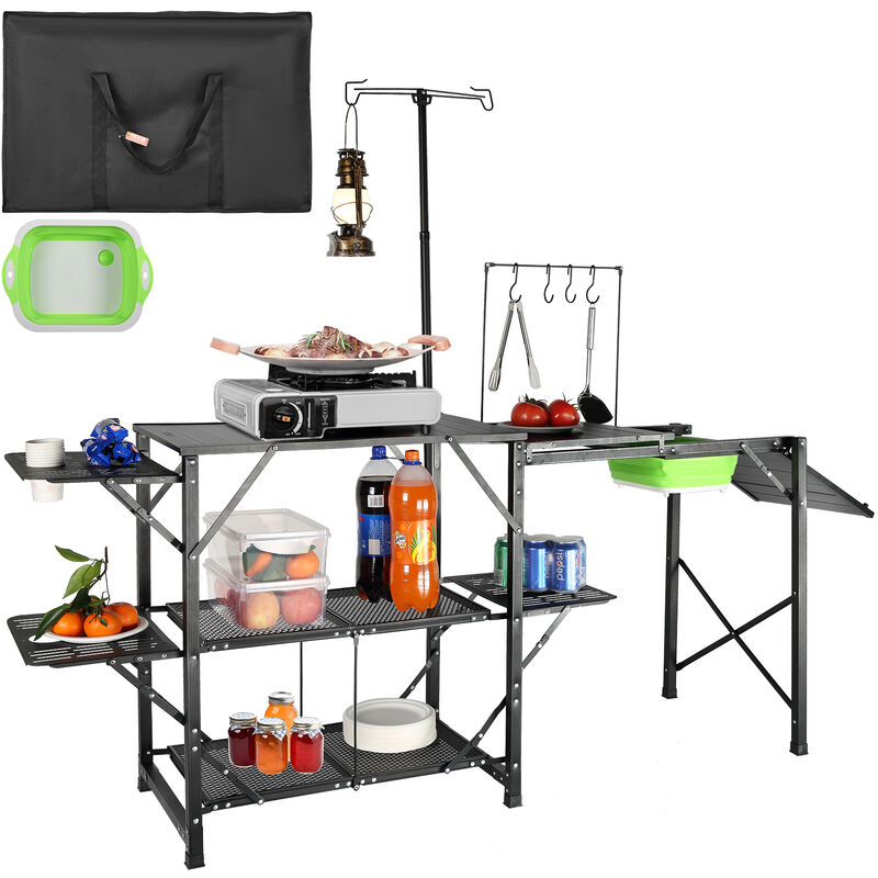 foto del prodotto cucina da campeggio per cottura pieghevole portatile ripiani portautensili materiale in alluminio ferro dimensioni estese 174 x 50 x 160 cm, tavolo