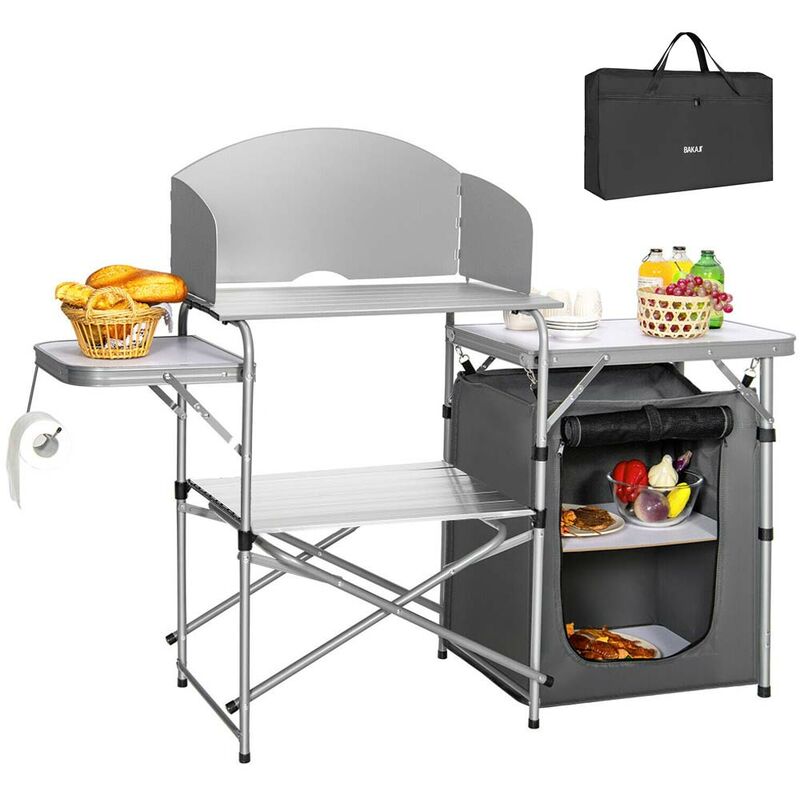 foto del prodotto cucina da campeggio pieghevole in alluminio con cucinotto con paravento nero