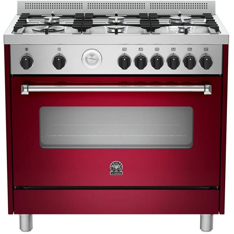 foto del prodotto cucina freestanding bertazzoni la germania americana amn905gevsvit piano cottura 6 fuochi a gas forno elettrico classe a rosso acciaio inossidabile