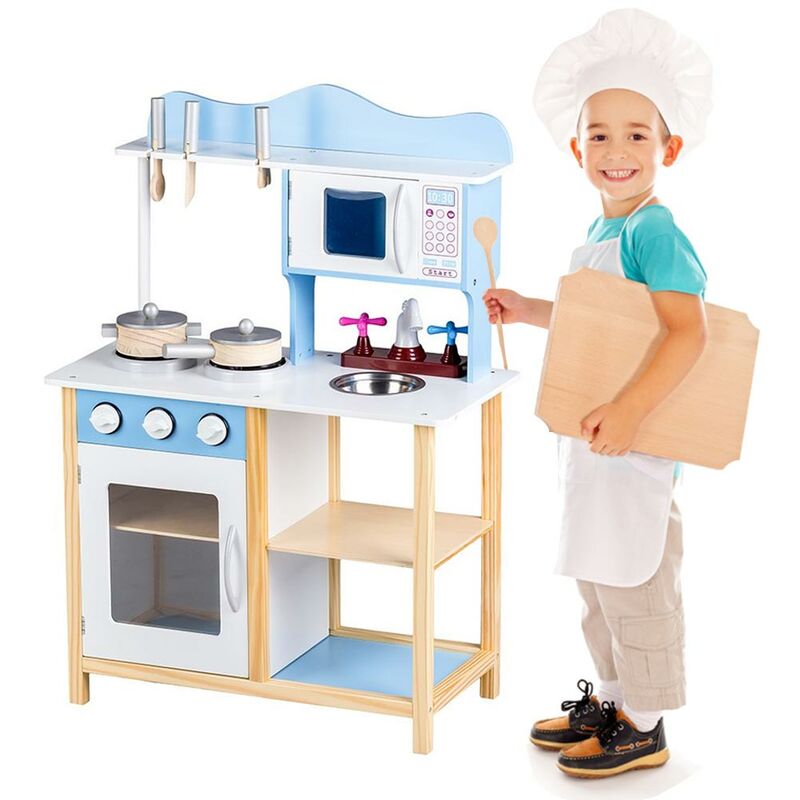 foto del prodotto cucina in legno giocattolo bambini con pentole e accessori gioco blu 60x30x85cm