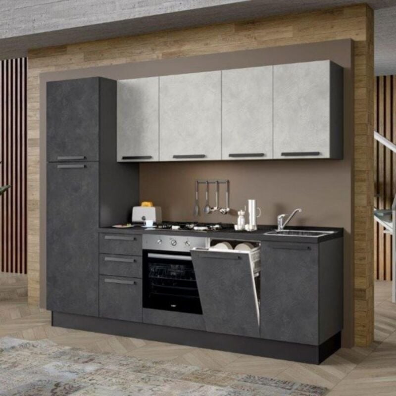 foto del prodotto cucina licola 255x216 h reversibile colore iron e pensili spatolato con lavastoviglie