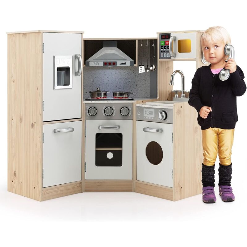 foto del prodotto cucina moderna per bambini con microonde, cucina ad angolo in legno con effetti luminosi e sonori, ricchi accessori, dinette giocattolo, per bambini