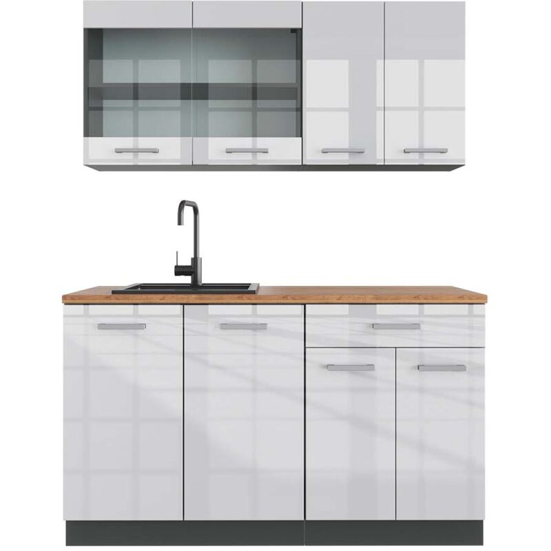 foto del prodotto cucina monoblocco r line, bianco lucido antracite, 140 cm , pl rovere vicco
