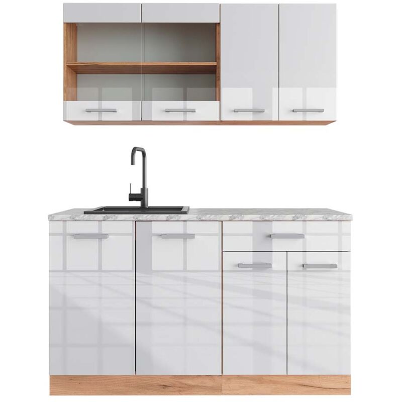 foto del prodotto cucina monoblocco r line, bianco lucido oro power oak, 140 cm , pl marmo vicco