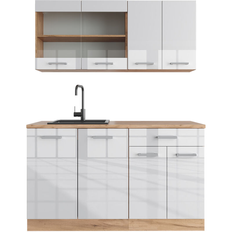 foto del prodotto cucina monoblocco r line, bianco lucido oro power oak, 140 cm , pl rovere vicco