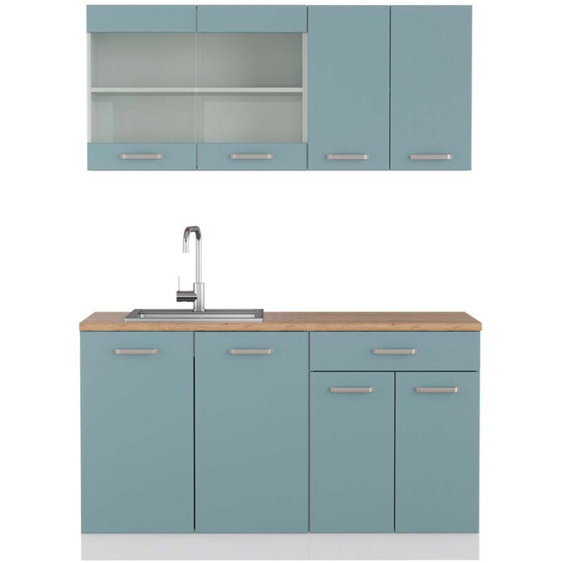 foto del prodotto cucina monoblocco r line, blu grigio bianco, 140 cm , pl rovere vicco