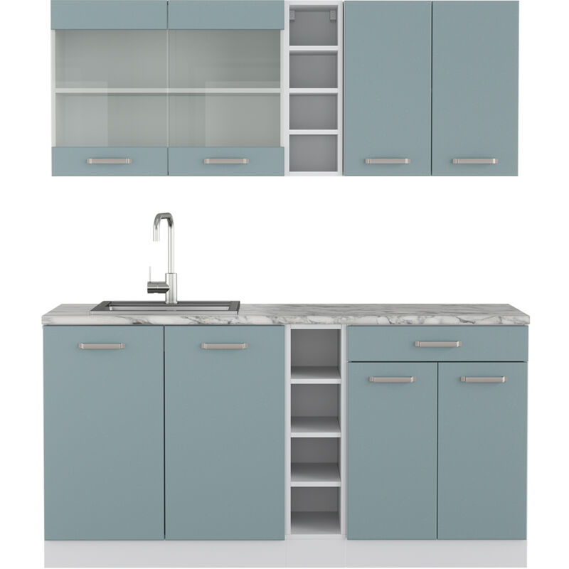 foto del prodotto cucina monoblocco r line, blu grigio bianco, 160 cm senza piano di lavoro vicco