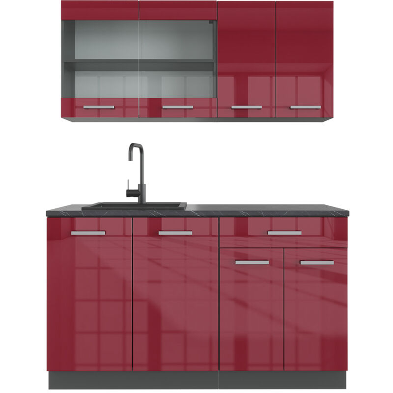 foto del prodotto cucina monoblocco r line, bordeaux lucido antracite, 140 cm , pl antracite, vicco