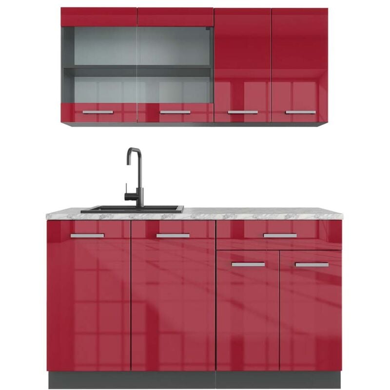 foto del prodotto cucina monoblocco r line, bordeaux lucido antracite, 140 cm , pl marmo vicco