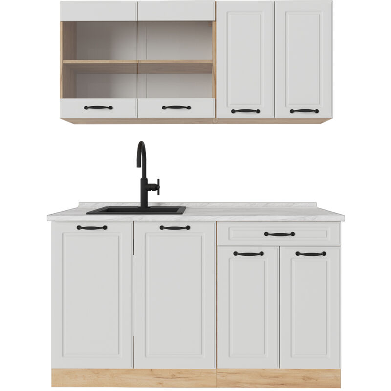 foto del prodotto cucina monoblocco r line, casa di campagna bianca quercia dorata, 140 cm , pl marmo vicco