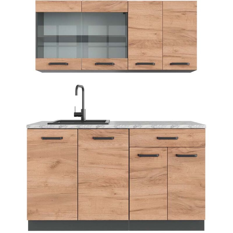 foto del prodotto cucina monoblocco r line, quercia dorata antracite, 140 cm , pl marmo vicco