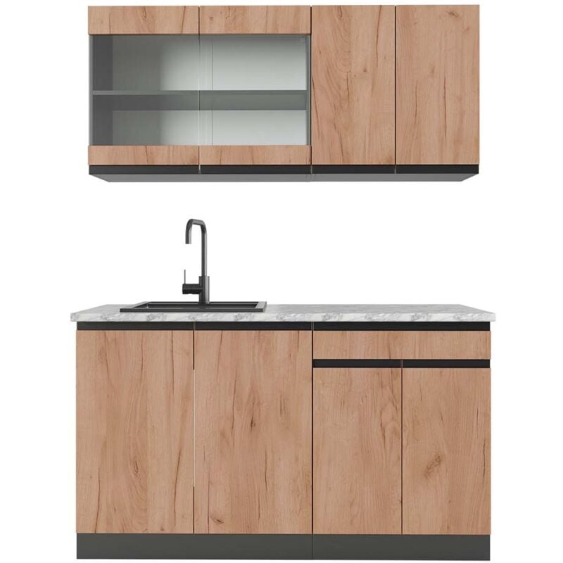 foto del prodotto cucina monoblocco r line, quercia dorata antracite, 140 cm , pl marmo vicco