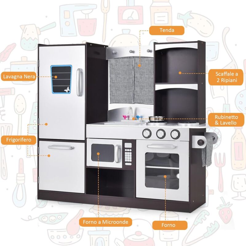 foto del prodotto cucina per bambini, con lavagna, frigorifero, fornelli, forno, microonde, lavello e rubinetto, cucina da gioco con effetti sonori per bambini 3 anni