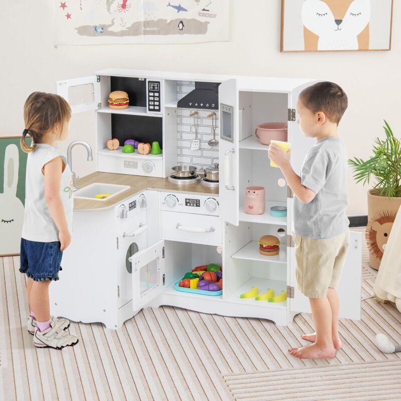 foto del prodotto cucina per bambini, cucina da gioco ad angolo, con frigorifero, fornello a induzione, lavatrice, forno a microonde, cappa da cucina, telefono e