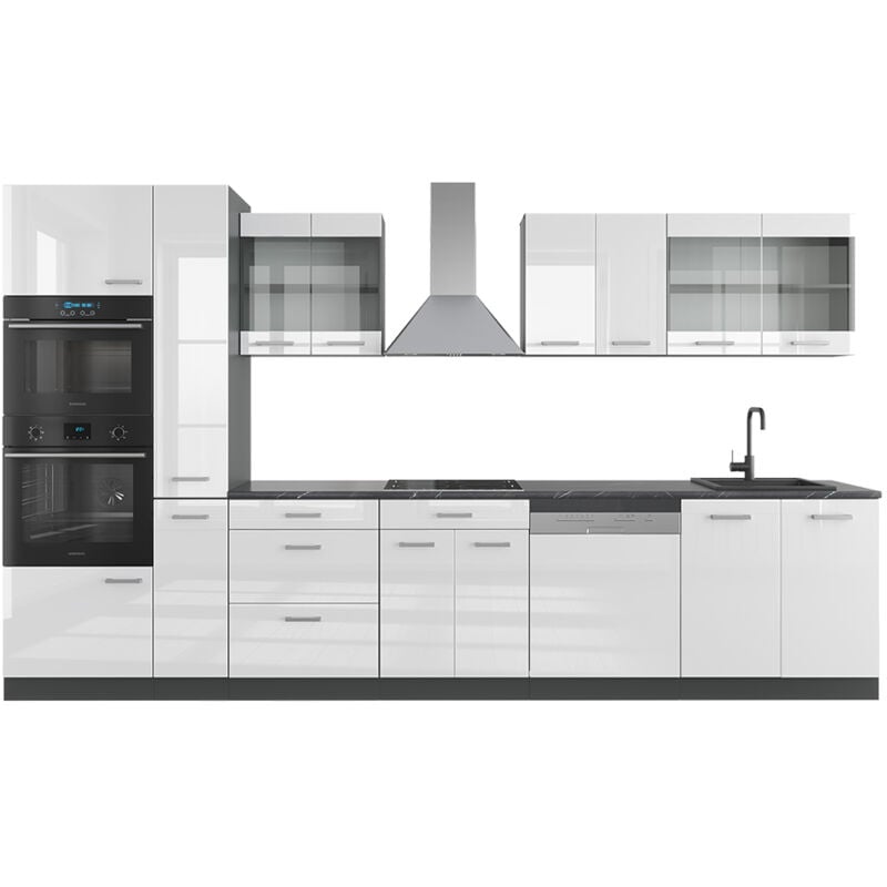 foto del prodotto cucina r line, bianco lucido antracite, 350 cm con armadio alto, pl antracite, vicco