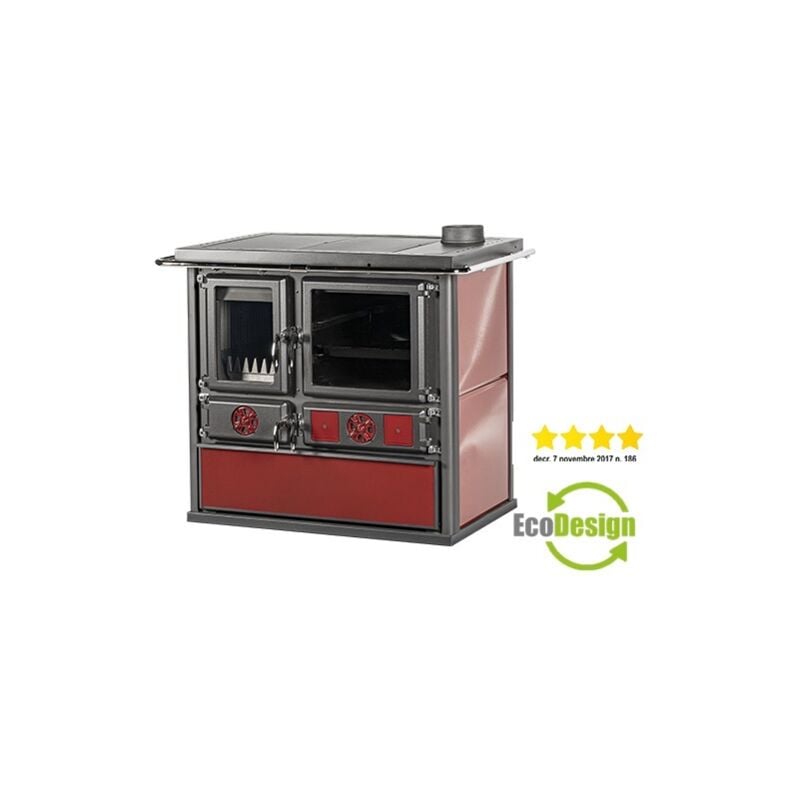foto del prodotto cucina stufa a legna bordeaux con maioliche in ceramica focolare in ghisa 8,4 kw